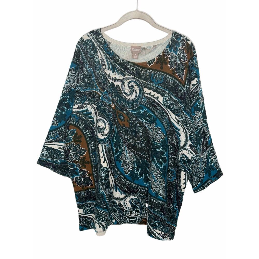 Chicos Womens 100% Cotton Green Blue Paisley Knit Round Neck Pullover Sweater 3